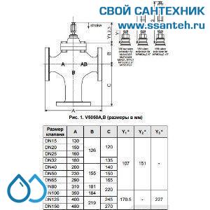 10253 Honeywell, V5050A1124 Клапан трехходовой линейный смесительный фланцевый, PN25, DN15, Kvs 2.5, 20мм, 2…220 °C